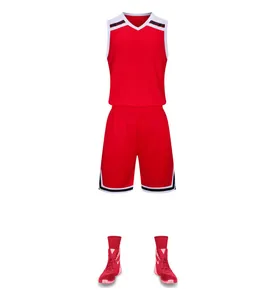 Professional red breathable basketball jersey and shorts set with matching athletic shoes