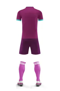 Back view of a purple professional soccer uniform set including jersey, shorts, and socks.