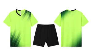 Detail showing front and back view of neon green jersey with black shorts set
