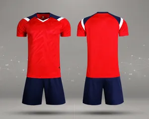 Detailed front and back view of a red quick-dry soccer jersey set with navy blue shorts.