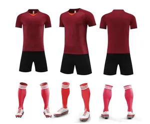 Burgundy soccer uniform set showing front side and back views with socks and shoes