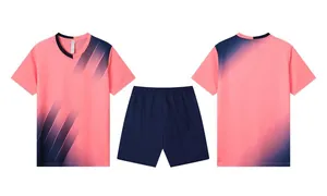 Detailed view of pink and navy quick-dry soccer jersey set featuring shirt and shorts