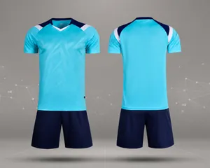 Front and back detail of light blue quick-dry soccer jersey and navy shorts set