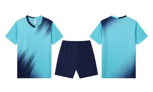 Front and back view of a light blue dry-fit soccer training kit with shorts.