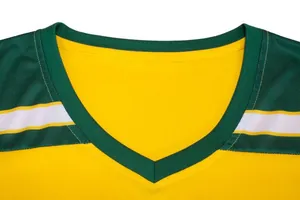 Detail view of the breathable V-neck of a yellow and green professional basketball jersey.