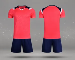 Quick-dry rose red soccer uniform set with front and back views showing style M3205