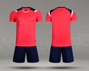 Quick-dry rose red soccer uniform set with front and back views showing style M3205