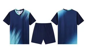 Front and back view of navy blue quick-dry soccer jersey set with cyan gradient