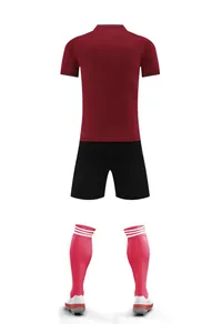 Back view of soccer uniform set with maroon jersey and black shorts for training