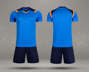 Front and back view of professional quick-dry blue soccer uniform set for team training