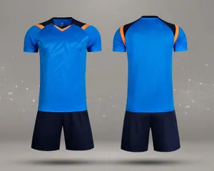 Front and back view of professional quick-dry blue soccer uniform set for team training