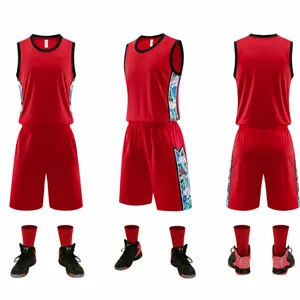 Set professionale maglia e pantaloncini da basket rossi con motivi a onde laterali