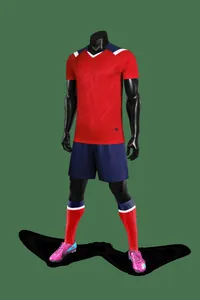 Professional full view of red and blue soccer uniform set on a black 3D mannequin
