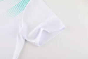 Close-up of breathable mesh fabric and sleeve stitching on white soccer jersey