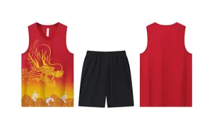 Two-piece basketball jersey set with red-yellow gradient dragon print and black shorts.