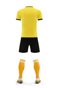 Back view of professional yellow soccer jersey set with black shorts and yellow socks
