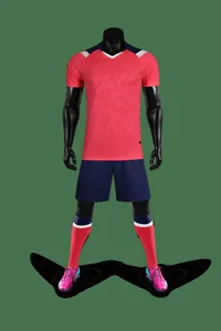Full view of quick-dry pink and blue soccer uniform set for training.
