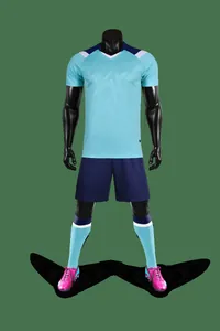 Full set of quick-dry blue soccer jersey, navy shorts, and matching socks on mannequin