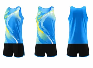 Vistas detalladas del traje de atletismo azul y amarillo para deporte y entrenamiento.