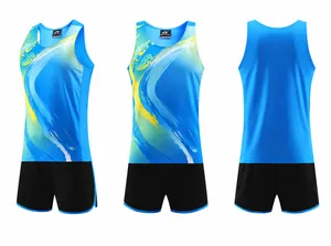 Detailed views of blue and yellow athletic track suit set for sports and training.