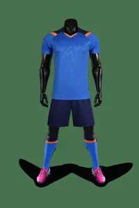 Front view of a blue quick-dry soccer jersey set with orange accents on a black mannequin.