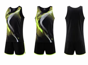 Detail shot of black track and field uniform with vibrant yellow abstract patterns