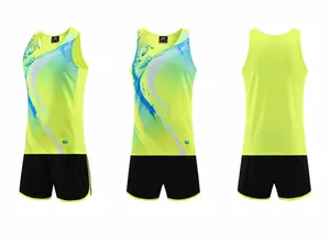 Neon green track and field running set with tank top and shorts, three-view display detail.