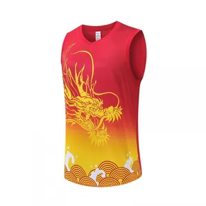 Red and yellow gradient basketball jersey featuring a large golden dragon print design