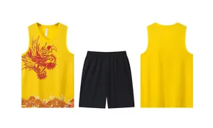 Conjunto de camiseta de baloncesto amarilla con dragón y pantalón corto negro