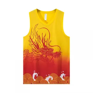 Yellow and red gradient basketball jersey with traditional dragon and wave patterns