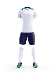 Detailed front view of a professional white and blue quick-dry soccer kit set ensemble