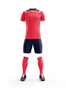 Complete red and navy soccer uniform set featuring jersey, shorts, socks, and cleats