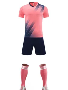 Quick-dry breathable soccer training uniform set with pink jersey and navy shorts