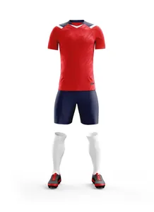Detail view of quick-dry soccer kit with red jersey, navy shorts and white long socks