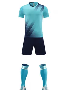 Professional men's light blue breathable soccer jersey kit with navy shorts and socks