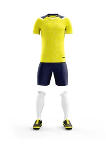 Professional complete yellow and navy soccer kit set including jersey, shorts, and cleats