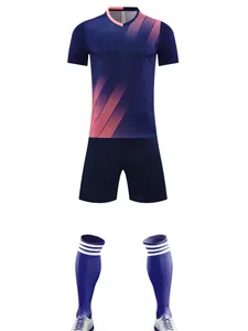 Breathable quick-drying soccer uniform training kit with navy blue and pink stripes