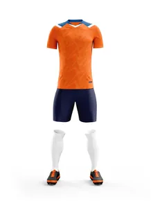 Full soccer uniform kit featuring orange jersey, navy shorts, white socks, and cleats