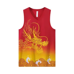 Red and yellow gradient men's basketball tank top with golden dragon and wave print