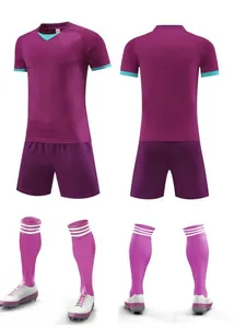 Purple and magenta soccer uniform set with jersey, shorts, and socks for training matches