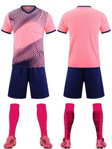 Pink and blue soccer uniform set with jersey, shorts, socks, and shoes, front and back view.