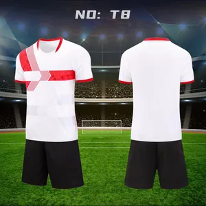 Front and back view of white and red soccer jersey set in football stadium setting