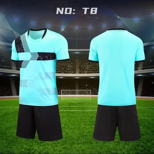 Light blue short-sleeve soccer jersey kit with front and back view on stadium background