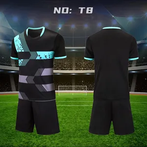 Detailed view showing the front and back of a black soccer jersey set with geometric patterns.