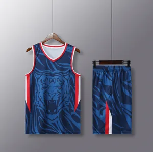 Detailed view of breathable blue basketball uniform set featuring a fierce tiger graphic