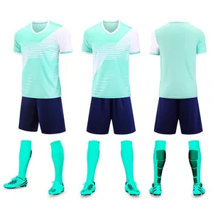 Mint green and blue soccer uniform set showing front, side, and back views