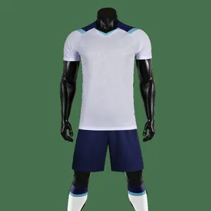 Professional men's soccer uniform set with white quick-dry jersey and navy shorts