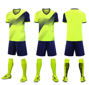 Comprehensive detailed view of the neon yellow and navy blue soccer uniform set for kids
