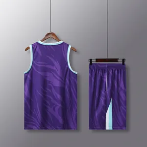 Back view detail of the purple flame pattern quick-dry basketball jersey and shorts set