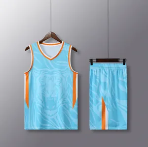 Light blue men's quick-dry basketball jersey set featuring vibrant tiger head design